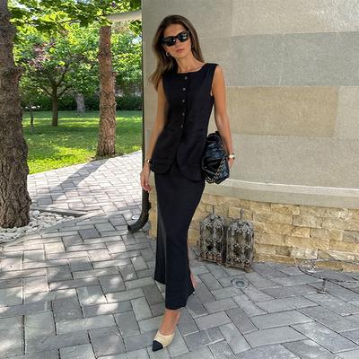 Elegant Vest Skirt Sets Women 2 Pieces Suit White Square Collar Single Breasted Top High Waist Skirts Set Summer Lady Outfit