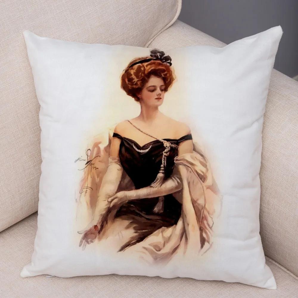 European Lady Cushion Cover Decor Vintage Style Elegant Women Print Pillowcase for Sofa Home Car Soft Plush Pillow Case 45x45cm