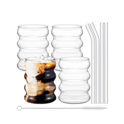 2/4 Piezas Vasos para Bebidas con Forma de Ola con Pajitas Vasos de Cristal Vintage Vasos para Beber Ondulados para Vino Champán Taza de Café con Leche