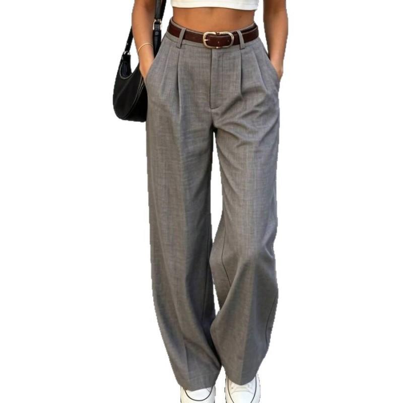 Womens High-Waisted Wide-Leg Trousers 2026 Flowy Straight Cut Casual Pants Grey Mint Navy Fog Blue Camel