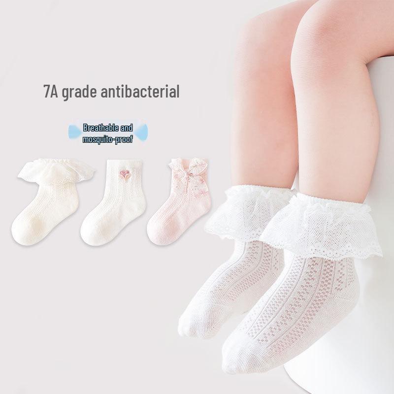 New Antibacterial Baby Socks: Spring/Summer Mesh, Antimicrobial, Seamless Cotton with Lace Design