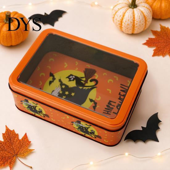 Seasonal Kitchen Storage Halloween Tin Box with Clear Lid, Witch Pumpkin Ghost Candy Window Metal Cases Container for Cookies Snacks, Festive