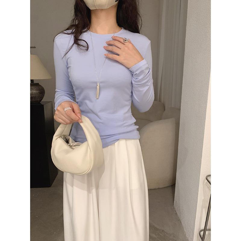 Frühling Herbst Rundhals Einfarbig Unterteil T-Shirt Damen Langarm Schlicht Allround Elastischer Pullover T-Shirt Top