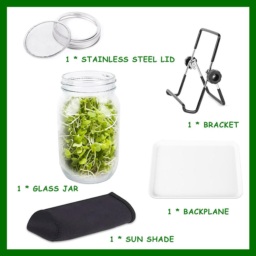 Seed Sprouting Jar Kit Durable Glass Bean Sprouts Growing Kit with Stainless Steel Screen Sprout Lids Stands Shading Cloths Tray