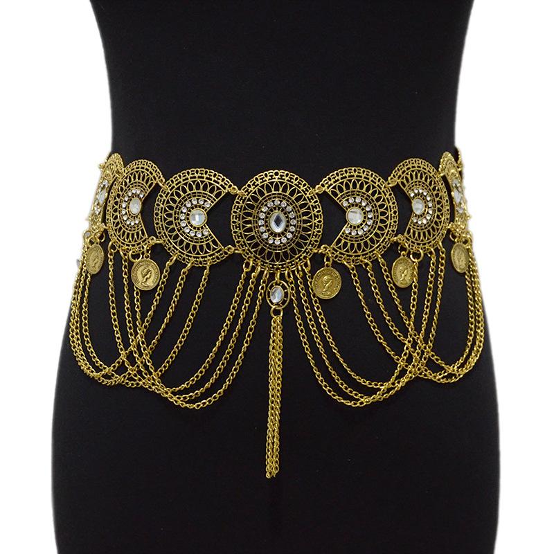 

Mei New women s belt - rhinestone-embellished vintage metal coin pendant belly dance waist chain