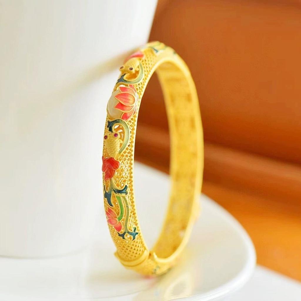 Burnt Blue Koi Lotus Bracelet Ladies Ancient Hollow Opening Gold Bracelet Ancient Chinese Exquisite Bracelet Jewelry