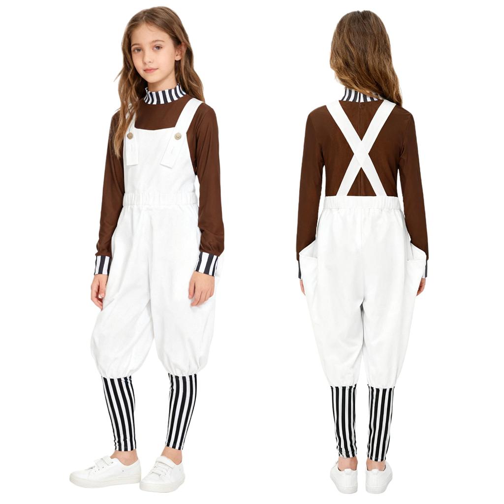 Complete Kids Boys Factory Worker Costume 2Pcs: Mock Neck Top with Back Zipper & Adjustable Cross Back Strap Striped Overalls