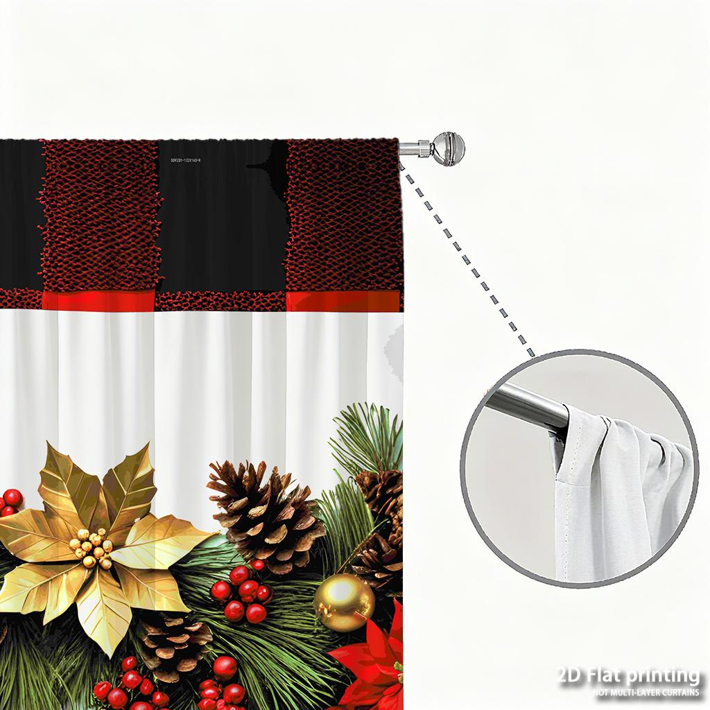 Piece Set High Definition Digital Printed Curtainschristmas Pine Branches Red Green Plaid Flower Decorhome Decoration Style Curtain Made Of Polyester