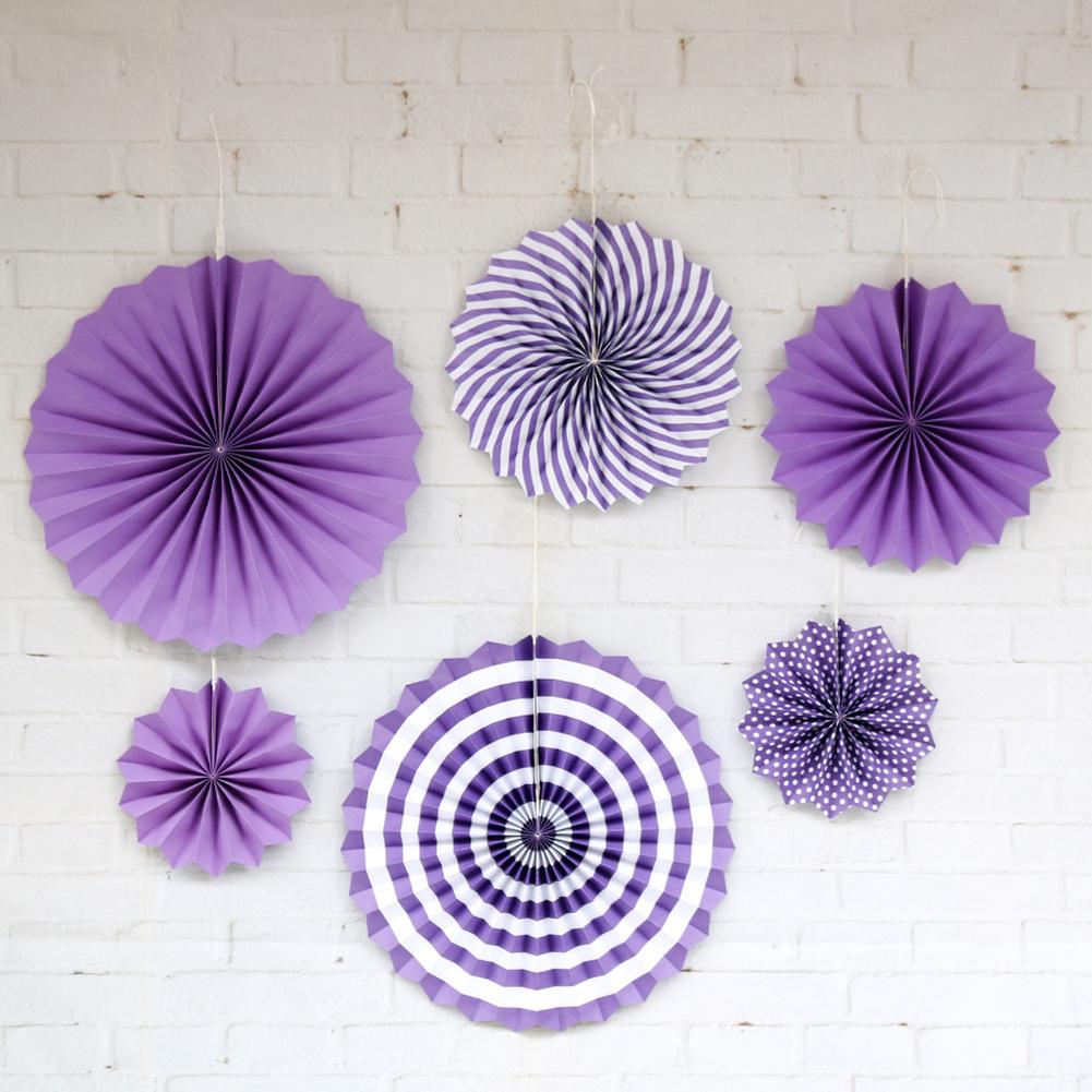 Набор из 6 шт. Ручная работа Складные бумажные веера Вытягивающийся флажок для свадебного украшения стены Purple paper fan flower#0