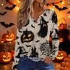 Women's Halloween Print Long Sleeve V-Neck T-Shirt with Decorative Buttons for Casual Wear