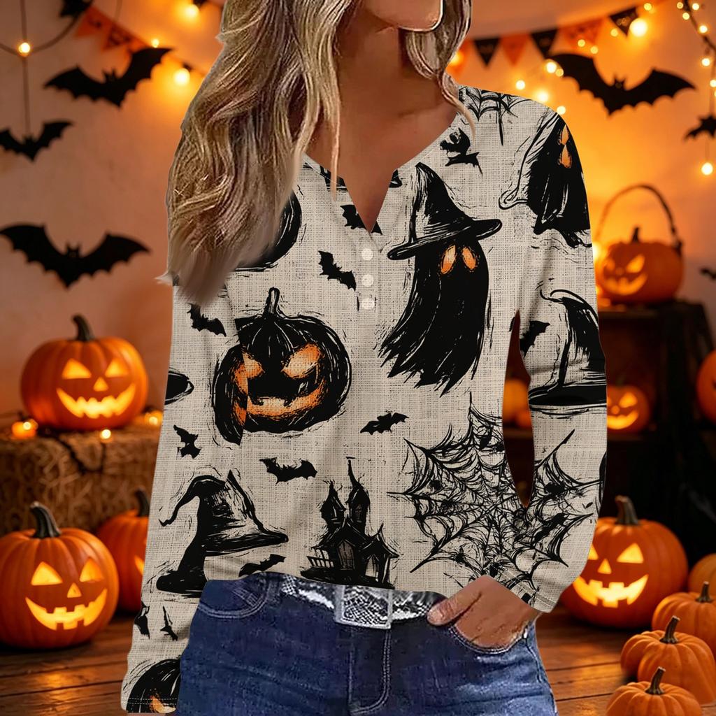 Women's Halloween Print Long Sleeve V-Neck T-Shirt with Decorative Buttons for Casual Wear