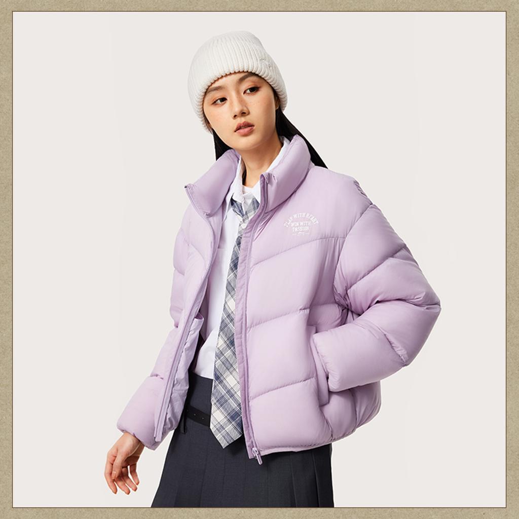 Li Ning Comfortable Casual Letter Print Stand Collar Zipper Short Simple Dopamine Down Jacket Women Outerwear Twilight-Purple AYMU152-5