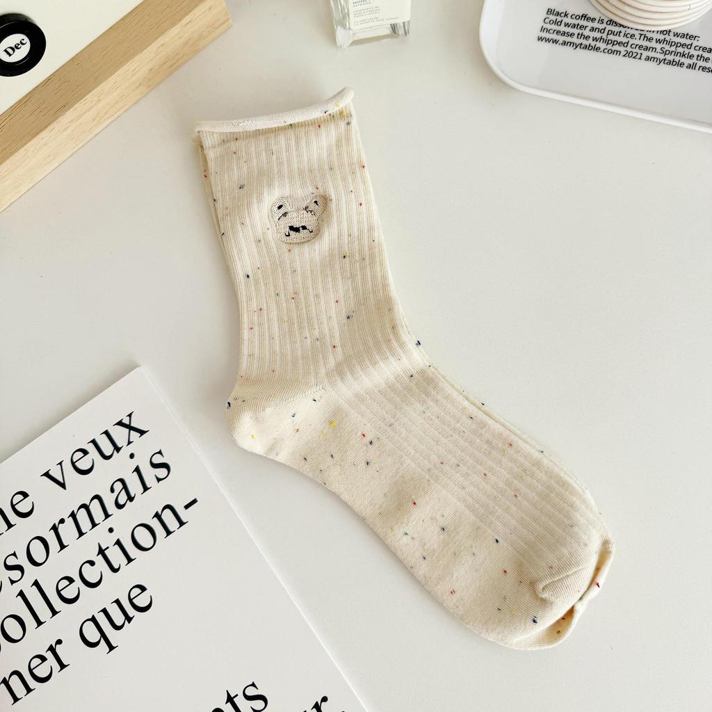 Women's Colorful Polka Dot Cartoon Embroidery Mid-Calf Gauze Socks - Korean Style Cute Rolled Edge