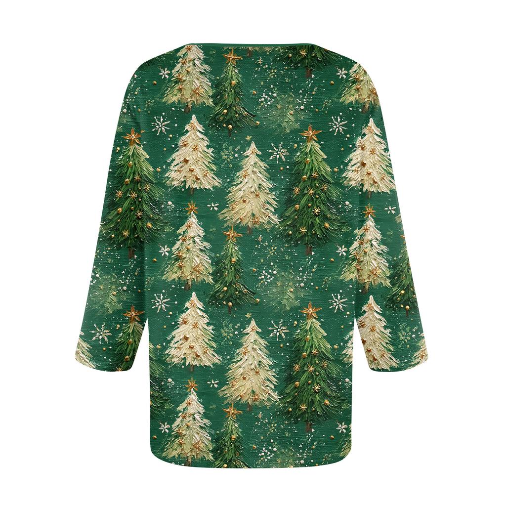 Women's Loose Comfortable Casual Fashion V-Neck Christmas Print 3/4 Sleeve Top