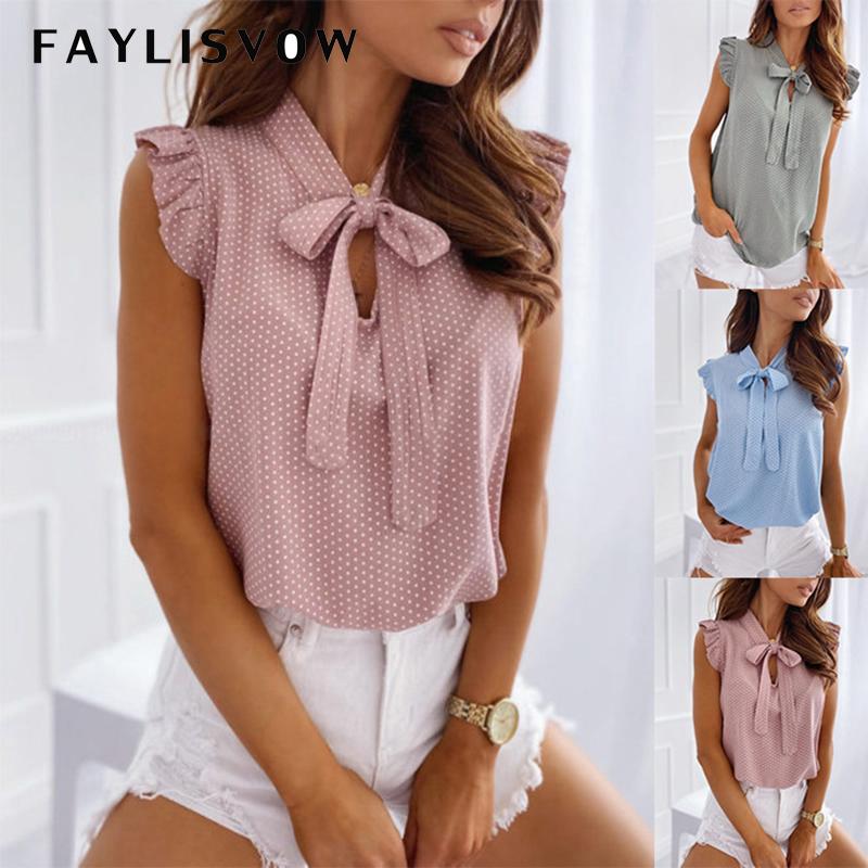 Women Summer Elegant Ruffles Sleeveless Polka Pot Lace Up Tie Bow Blouses and Shirts Casual Oversize Tops Sexy Pullover Tunic