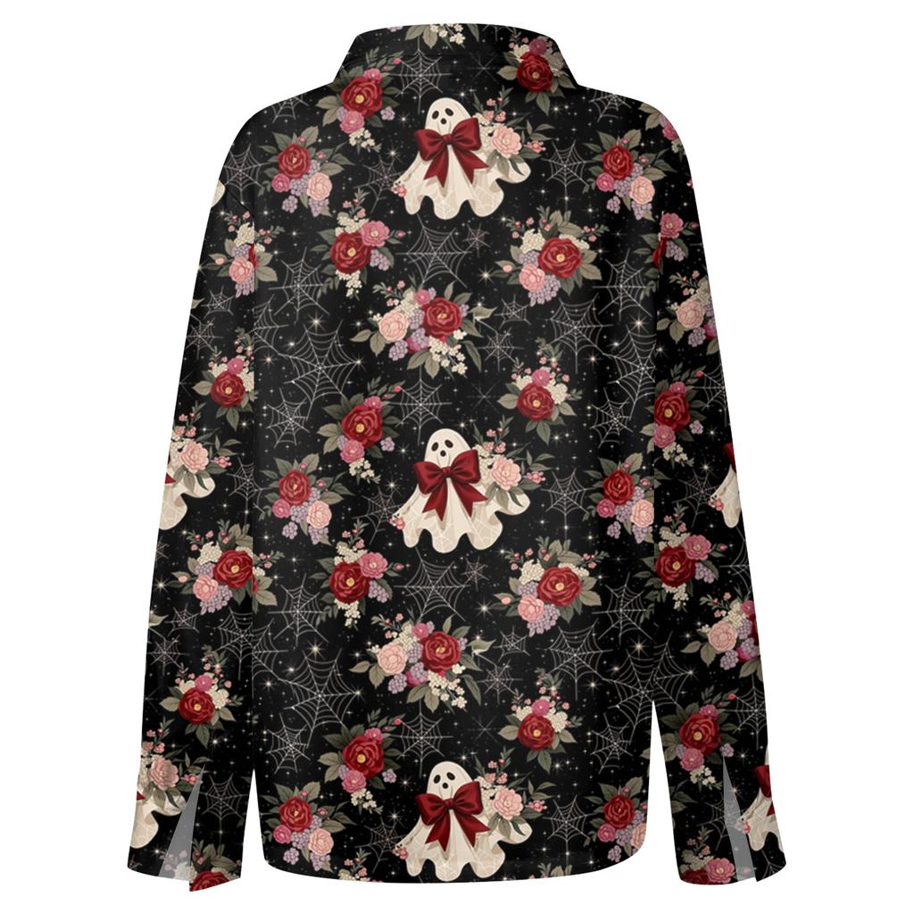 Women Button Down Long Sleeve Collared Shirt with Halloween Themed Print Casual Fit Blouse Top
