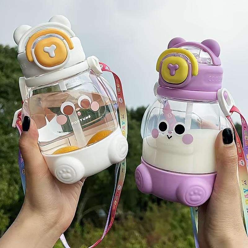 Cute Cartoon Student Water Bottle 600ml/20.29oz Food-Grade Material Portable with Straw and Strap for Travel Sports 1 Pack