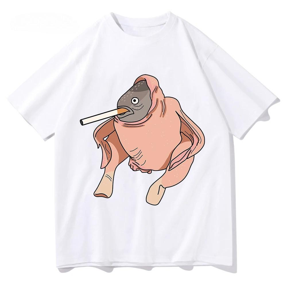 Fish Chicken Smoking A Cigarette Funny Tshirt Cartoon Printed Women Short Sleeve Round Neck Tops Womens TShirt Casual Clothing