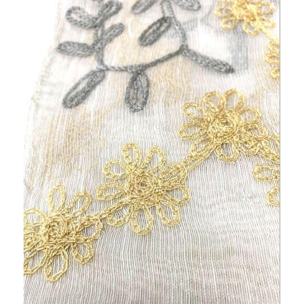 Used Indian Silk Cotton Lightweight Stole, Ari Embroidery, Hand-dyed, 1390, Green-Yellow, Spring/Summer, Mother's Day Gift