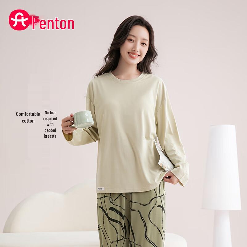 Fenteng Women's 100% Cotton Pajama Set with Built-in Pads