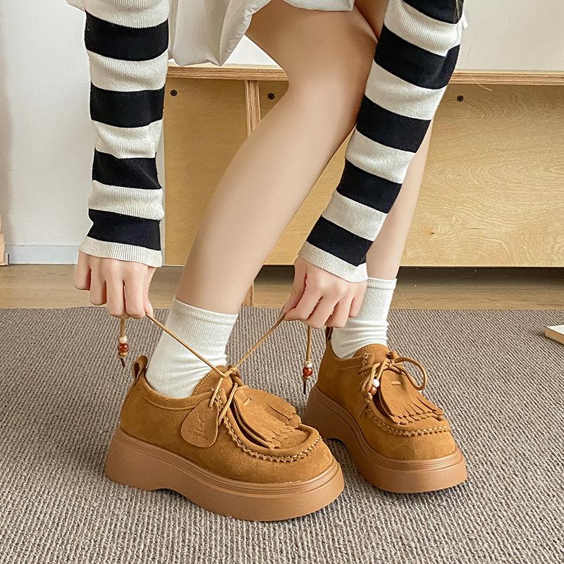 Loafers Women's 2025 New Design Beaded Tassel Lace-up Single Shoes Autumn Small Height Increase Boken Shoes