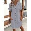 Cotone Lino Donna Estate Casual Scollo a V Abito Camicia Bottoni Semplice