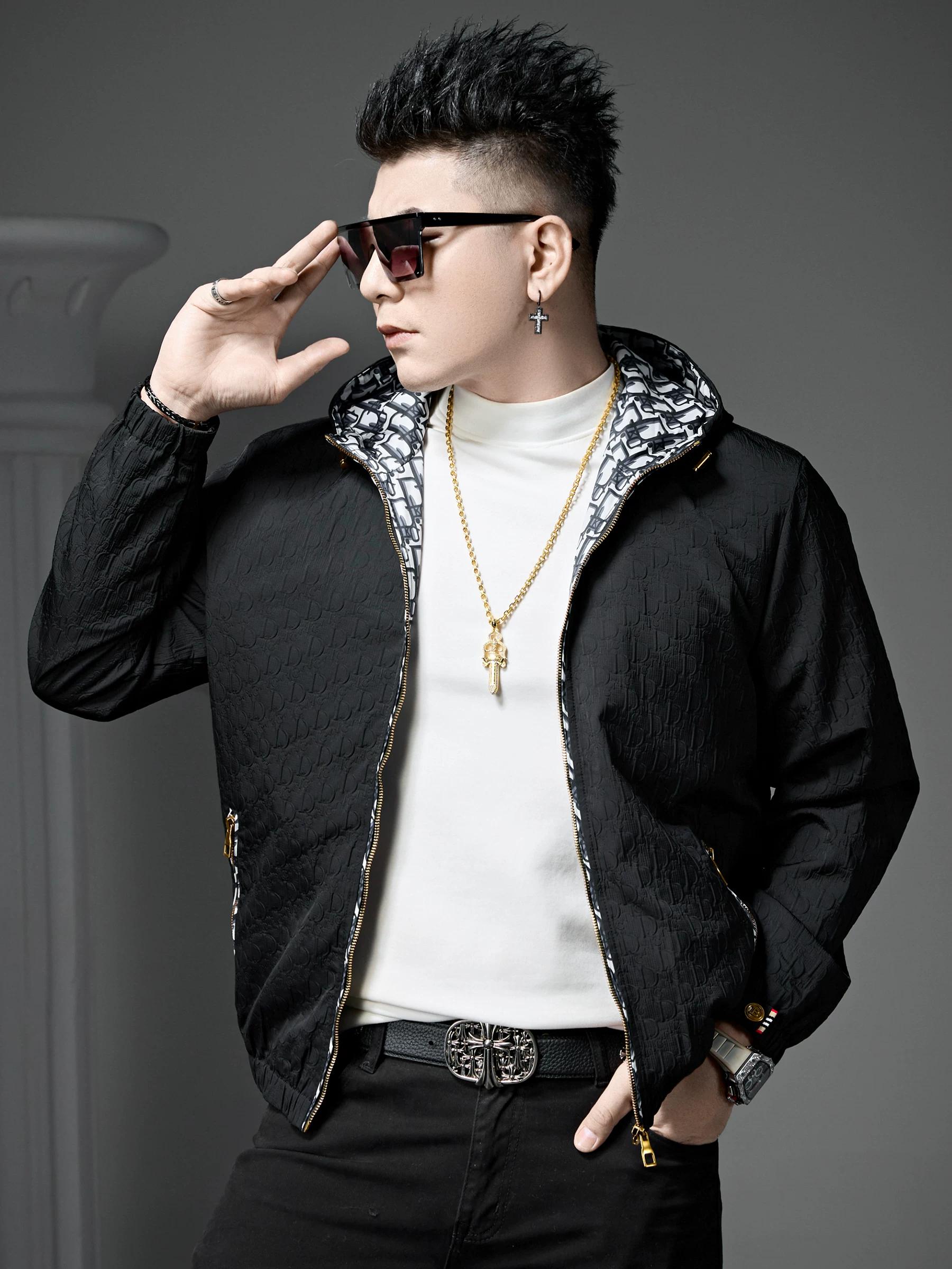 European Goods 2025 Autumn New Men s Hooded Jacket Trendy Brand Letter Jacquard Casual Top High-End Jacket for Men 5XL чёрный