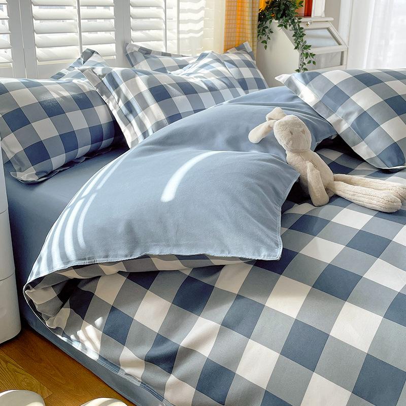 Muji Japanese Washed Cotton Flannel Plaid Bedding Set - 4 Pieces, Good Quality, Student Dormitory Style