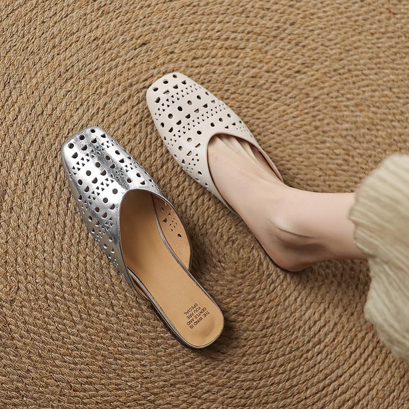 Fashion New women's genuine leather cowhide hollow breathable square toe low heel toe Mueller slippers with holes in summer