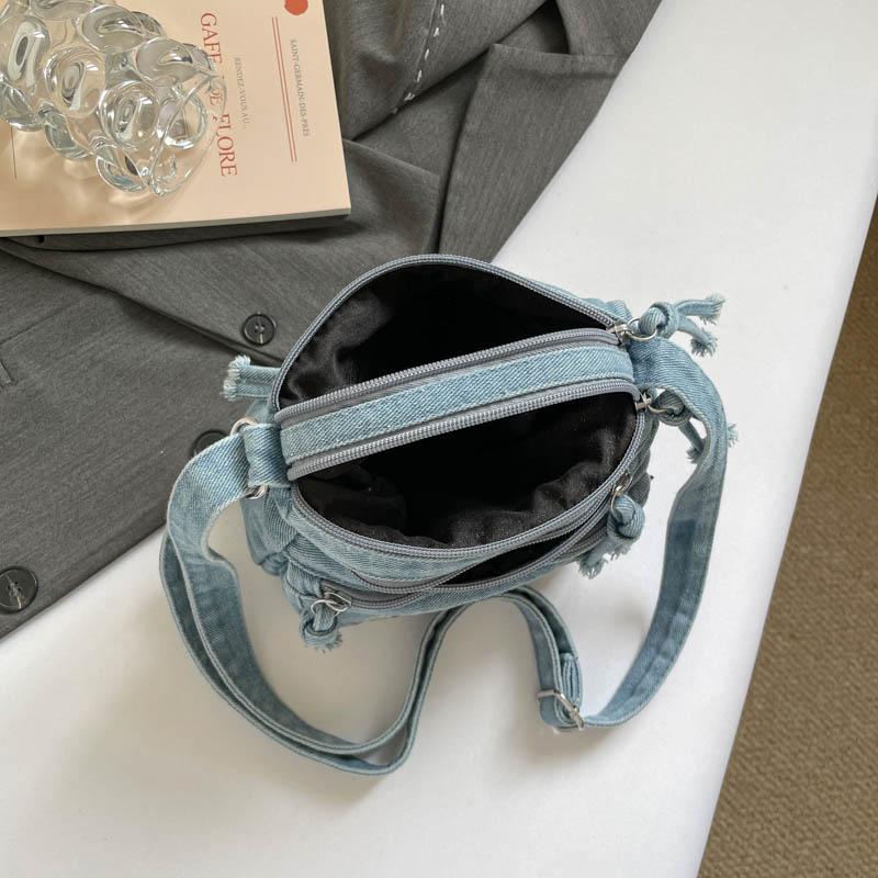 Borsa a Tracolla in Denim da Donna con Ricamo di Gattino Cartone Animato e Multi-scomparti