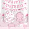 Girl Women Pink Bow Birthday Decoration Disposable Tableware Bow Tie Party Supplies Kit Paper Plates Cups Banner Tablecloth Gift