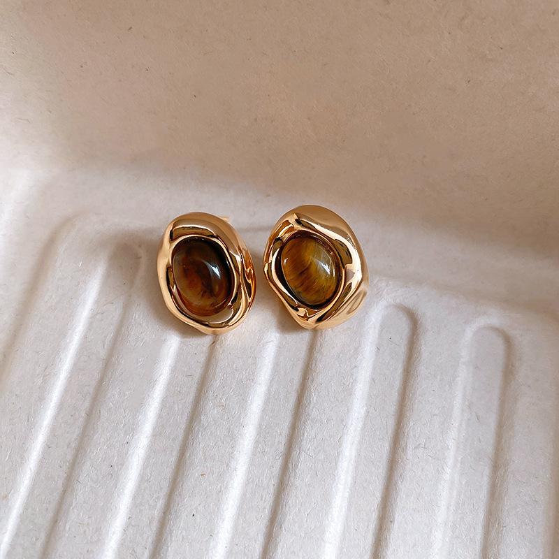 Silver Needle Maillard Irregular Oval Tiger's Eye Earrings Earrings Vintage Style Earrings Women