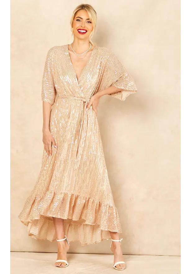 

Elegant European Sequin Evening Gown with Elastic Waist for Women 2X Large золотий