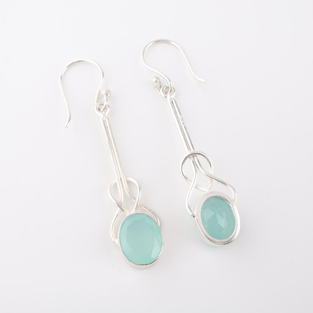 Aqua Chalcedony Gemstone 925 Sterling Silver Jewelry Handmade Earrings 1.76" EE-171-17