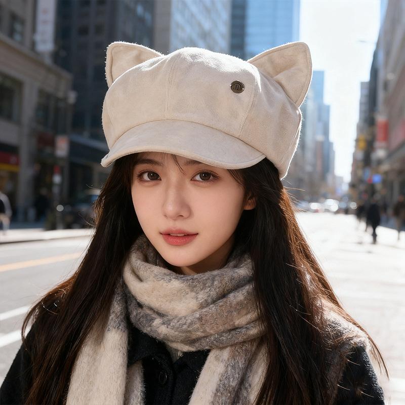 Korean Retro Suede Cat Ear Hat for Women Sweet and Cute Beret Autumn and Winter Face Showing Little Painter Octagonal Hat