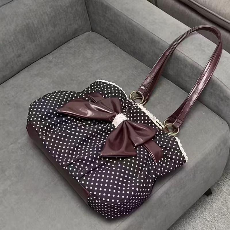 Schleifen-Tragetasche für Damen, Gepunktetes Muster mit Rüschenbesatz, Schicke geräumige Umhängetasche für Pendler & den täglichen Gebrauch
