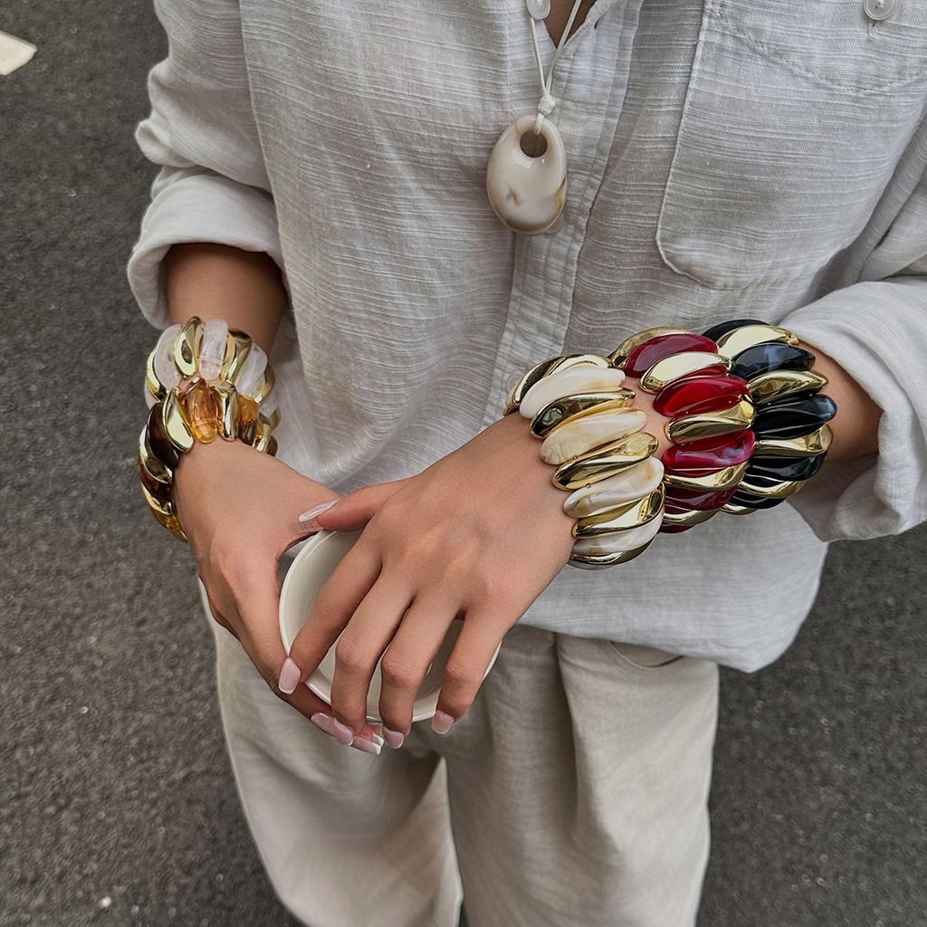 Retro Bunt gefärbtes Acrylharz Elastizität Armreif Geometrisch Übertrieben Breit Rund Stretch Armreifen für Frauen Klobiger Schmuck