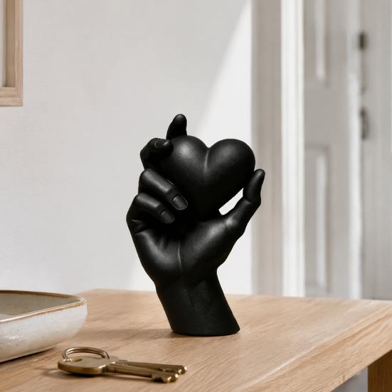 Handheld Heart Statue Hand Holding 3D Printed Figurine, Modern Minimalist Sculptural Desk Decor, Romantic Black White Home Decor Accent for