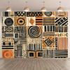 2D Flat Print African Tribal Tapestry with Geometric Patchwork, Black Orange Beige Mud Cloth Design