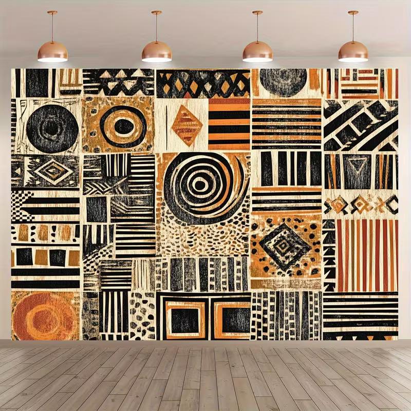 2D Flat Print African Tribal Tapestry with Geometric Patchwork, Black Orange Beige Mud Cloth Design