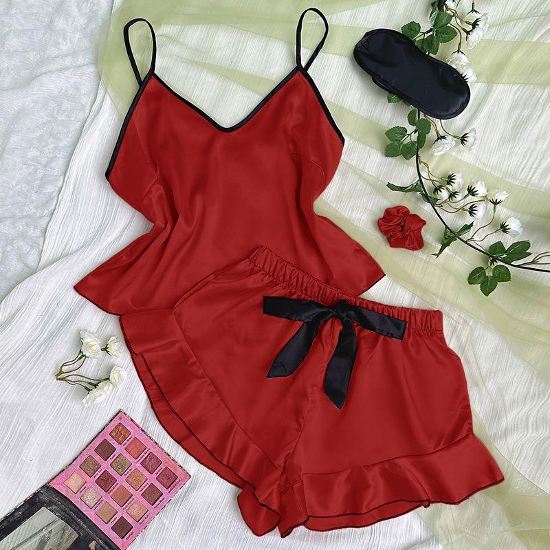 

Sexy Tank Top Shorts House Suit Sexy V-neck Vest Ruffles Shorts Homewear Suits RED XL