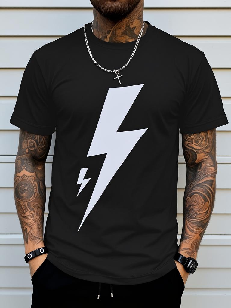 1pc Lightning Tshirt Round Neck Casual Black Tshirt Suitable for Mother'S Day Father'S Day Easter Va