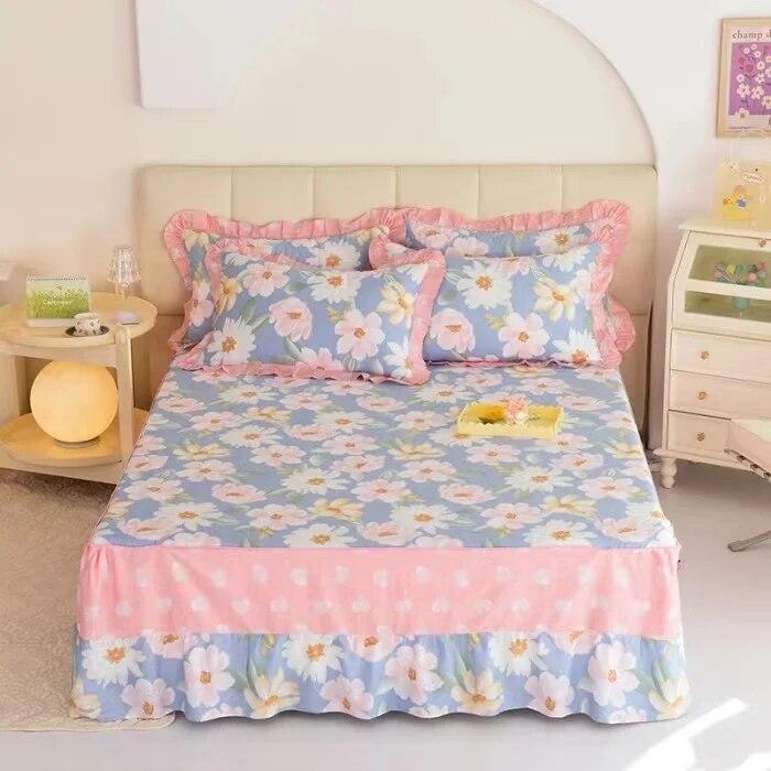 Ensemble de 3 pièces en pur coton doux pour la peau, confortable, anti-acariens, couvre-lit à imprimé floral 100 % coton et 2 taies d'oreiller