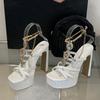 Fashion Liyke Runway Fashion Rhinestone Chain Ankle Strap Gold Sandal Women Elegant Square Toe Platform High Heels Wedding Banquet Shoes