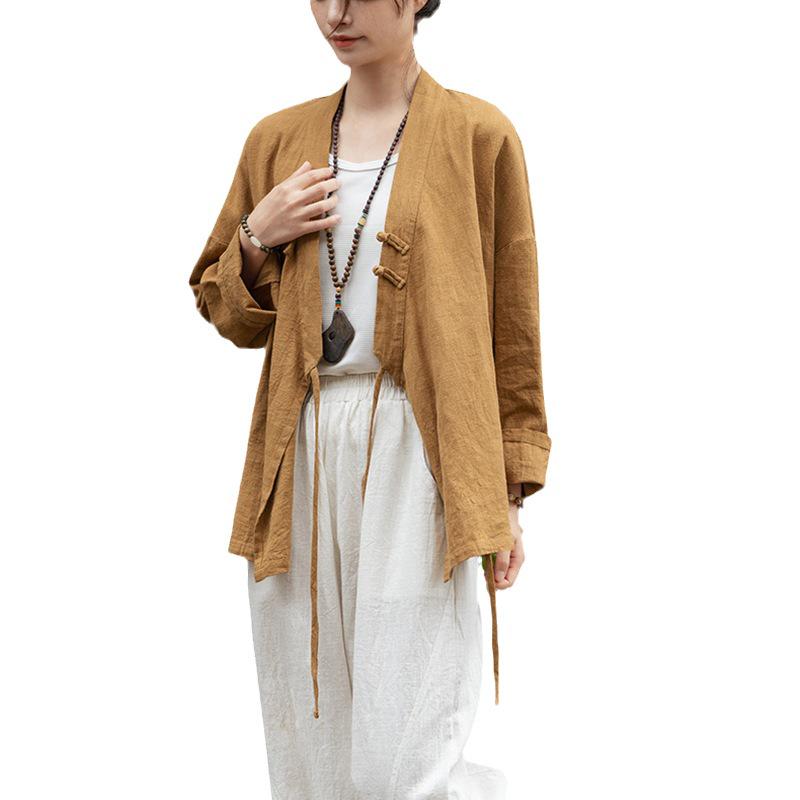 Ramie Sand-Washed Zen Style Hanfu Top – Women's Spring Edition, Cross-Collar, New Chinese Tea Art Design