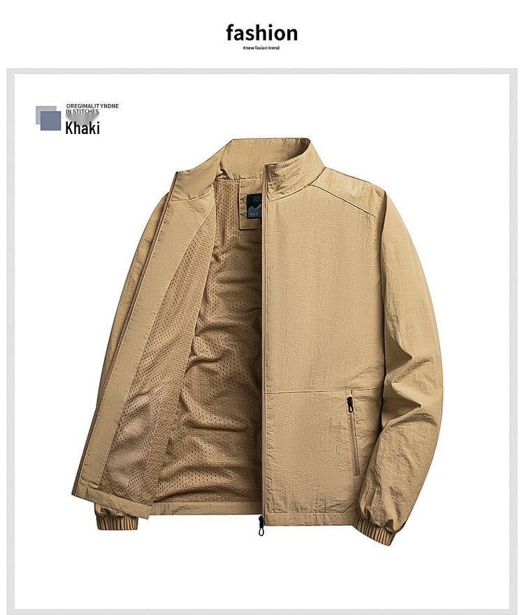 Męska Wiatroszczelna Wodoodporna Kurtka ze Stójką - Długi Rękaw, Luźny Krój, Jednolity Kolor na Wiosnę i Jesień