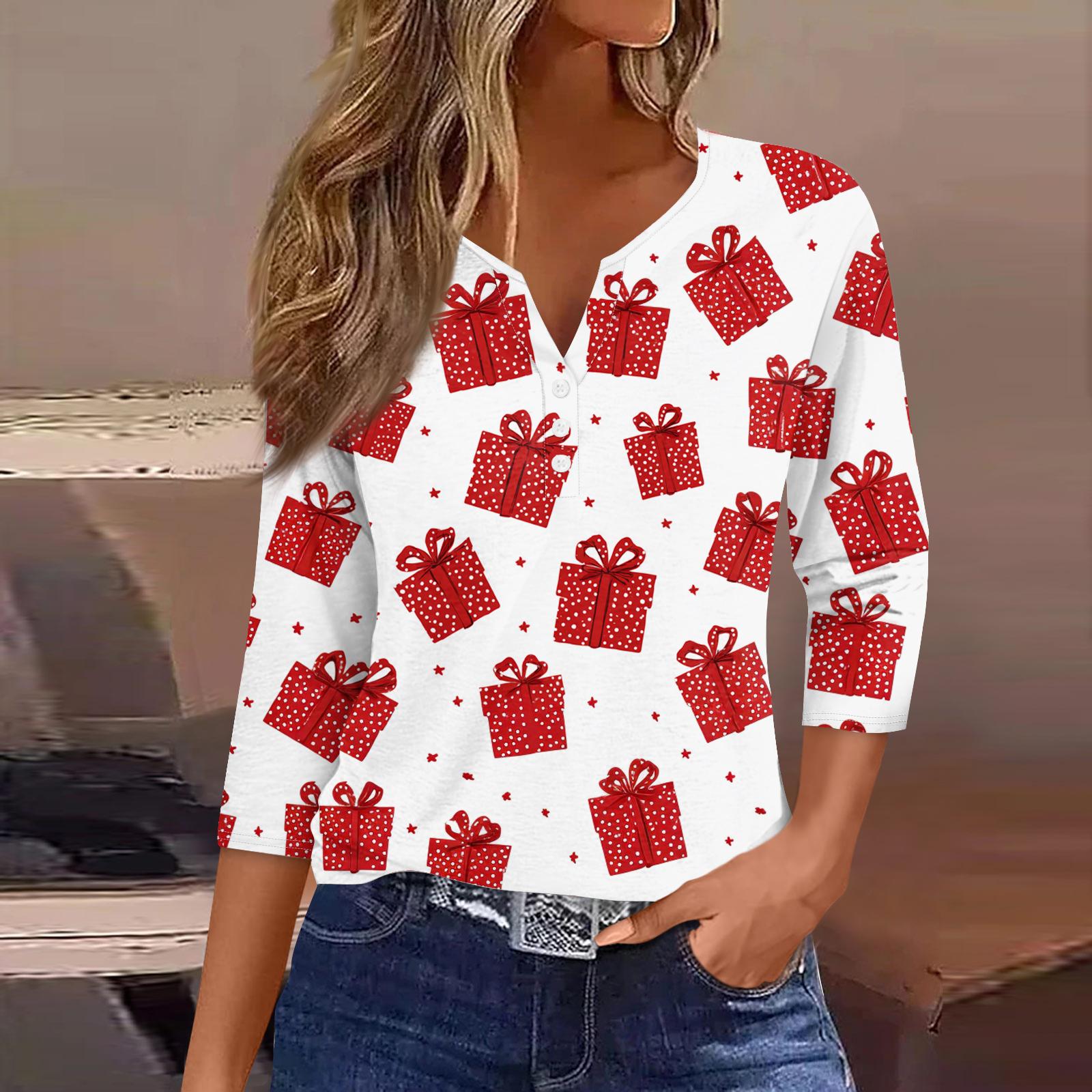 

Женская мода Повседневная футболка с принтом на Хэллоуин, V-образным вырезом, коротким рукавом, декоративными пуговицами, рукавом три четверти S