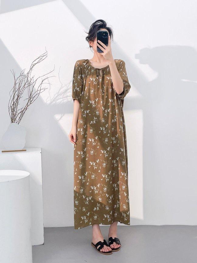 1011 new cotton silk nightdress women's spring thin high-end sweet wind printing knee-length skirt can be worn outside