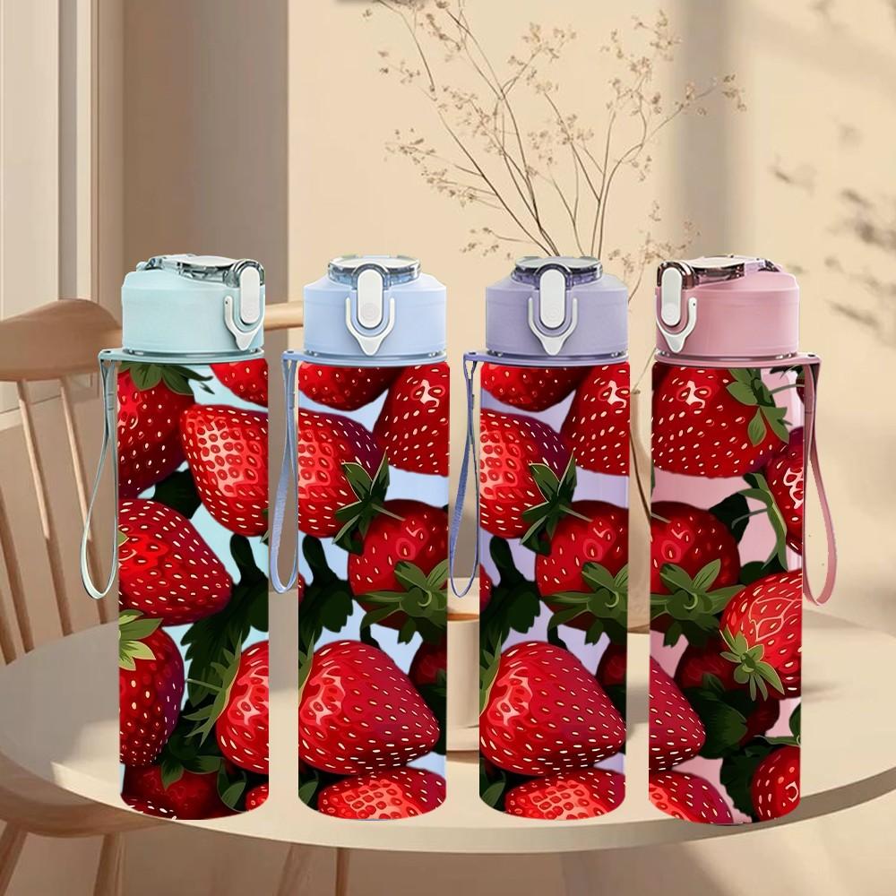 1PC Fresh Ripe Red Strawberry Fruit Print 750ml Color Plastic Sports Water Bottle Leakproof Flip Straw Lid Suitable for Sports Office Home Use