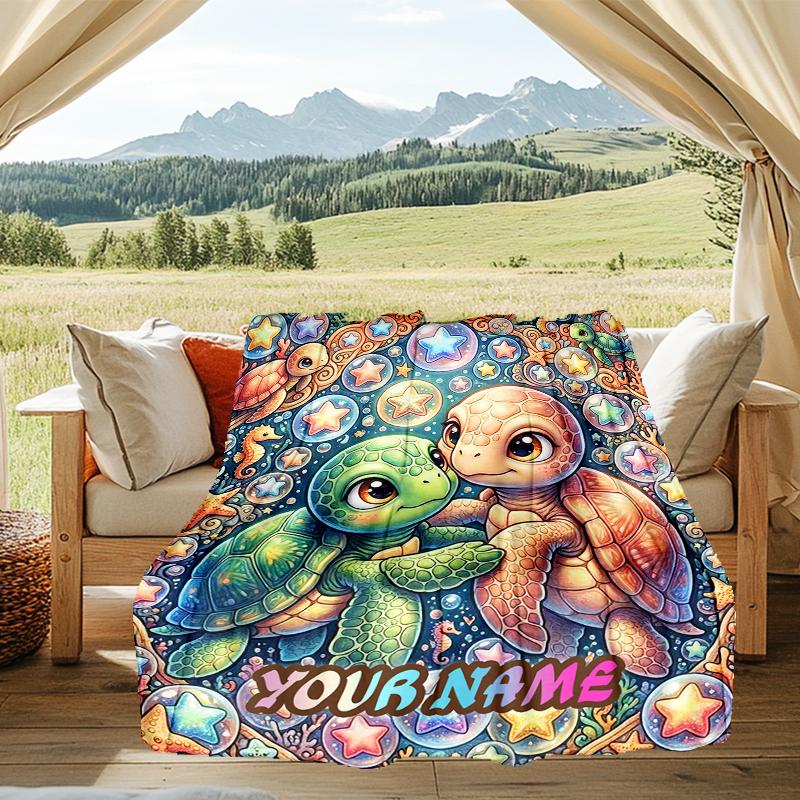 1PC Custom Name Turtle Friends Sea flannel blanket versatile,all-season throw suitable for the living room,bedroom,camping,travel,and gift